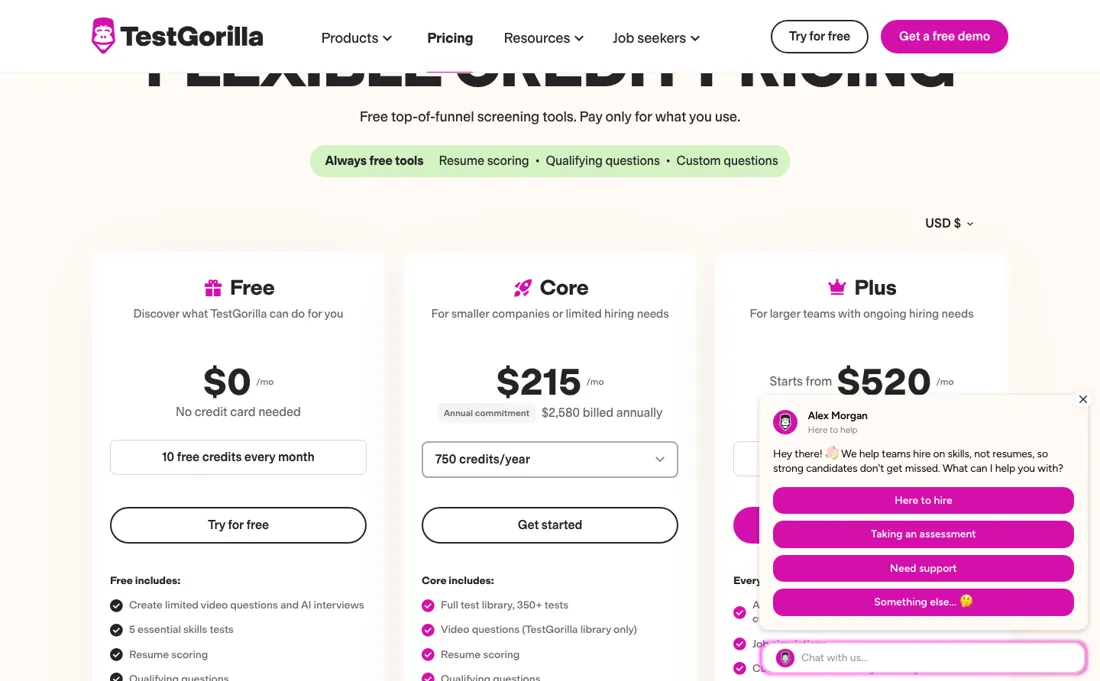 TestGorilla pricing page