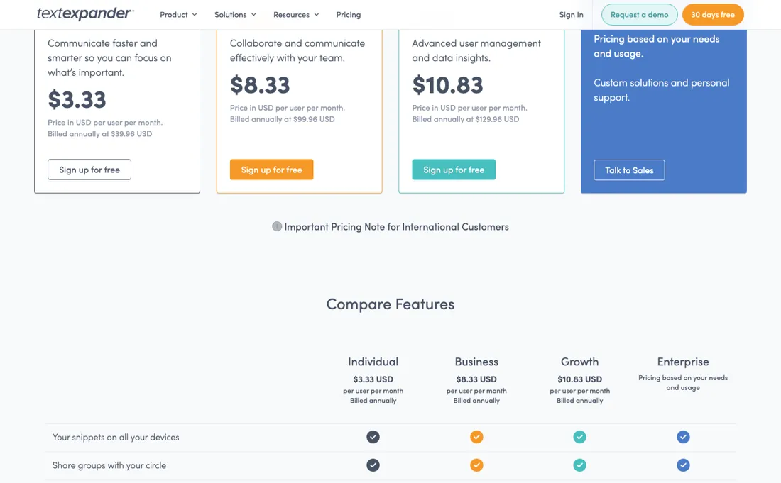 TextExpander pricing page