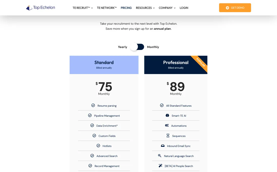 Top Echelon pricing page