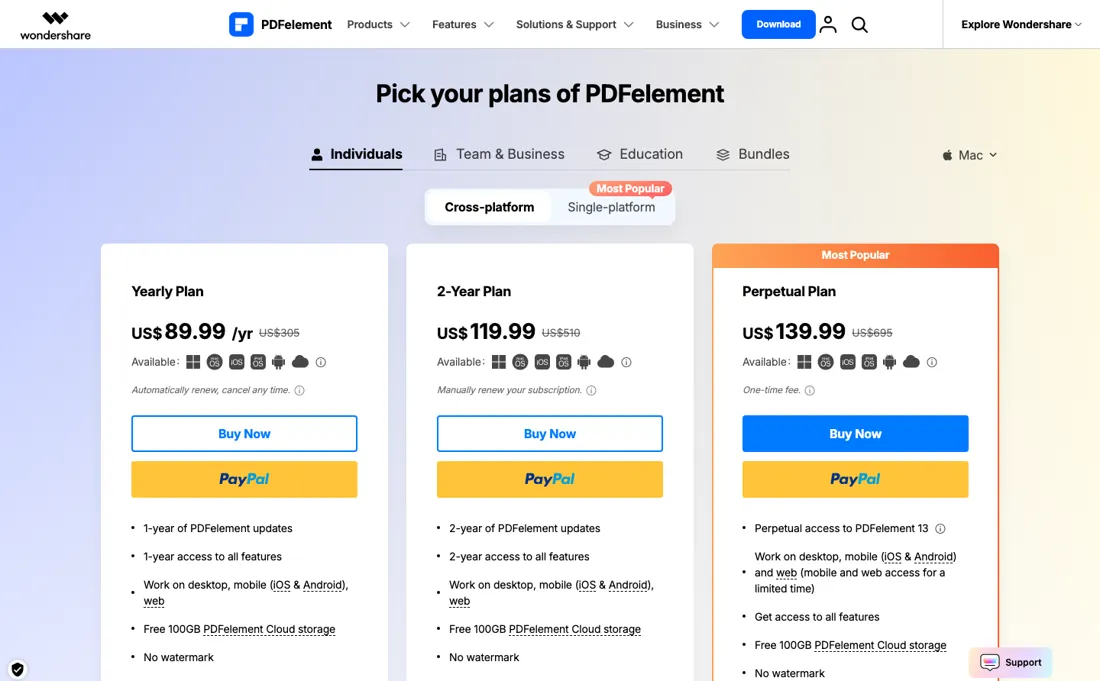 Wondershare PDFelement pricing page