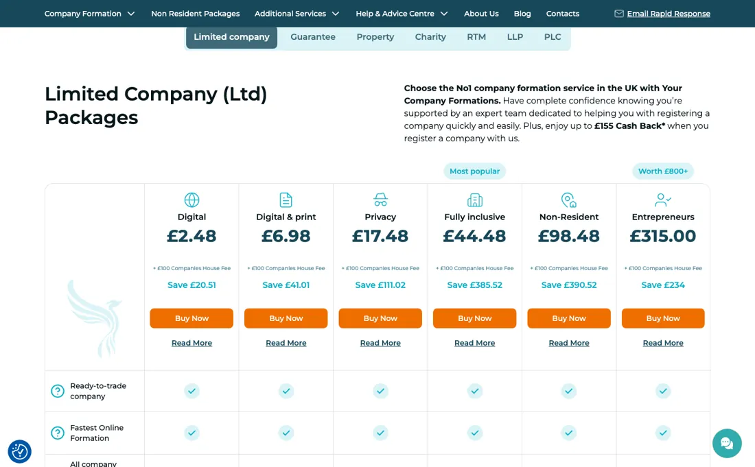 Your Company Formations pricing page