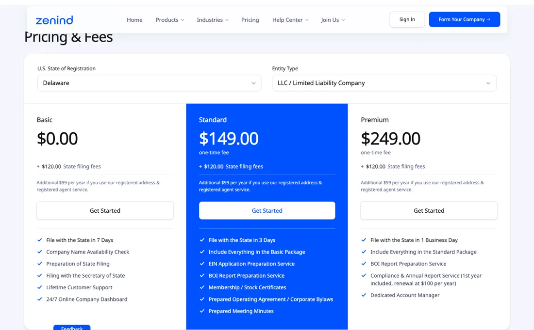 Zenind pricing page